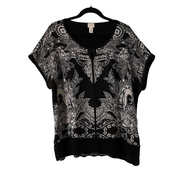 Chico’s black and white placed print front short sleeve keyhole top XL - Picture 1 of 12
